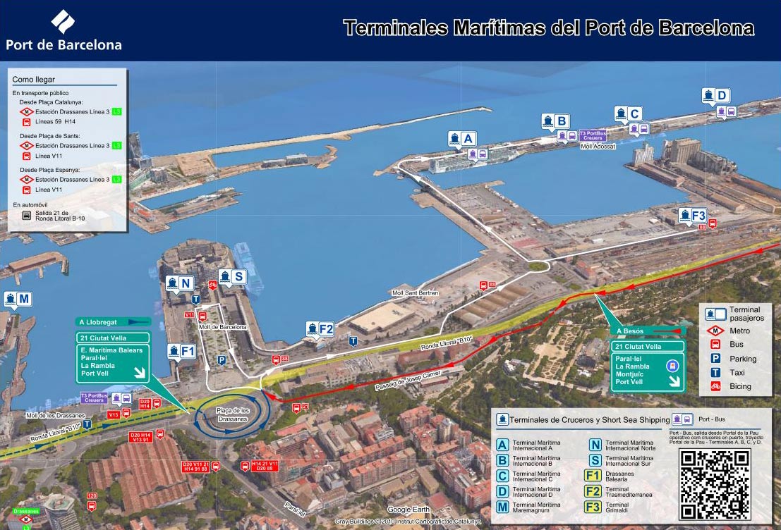 Mapa de los terminales del puerto de cruceros de Barcelona